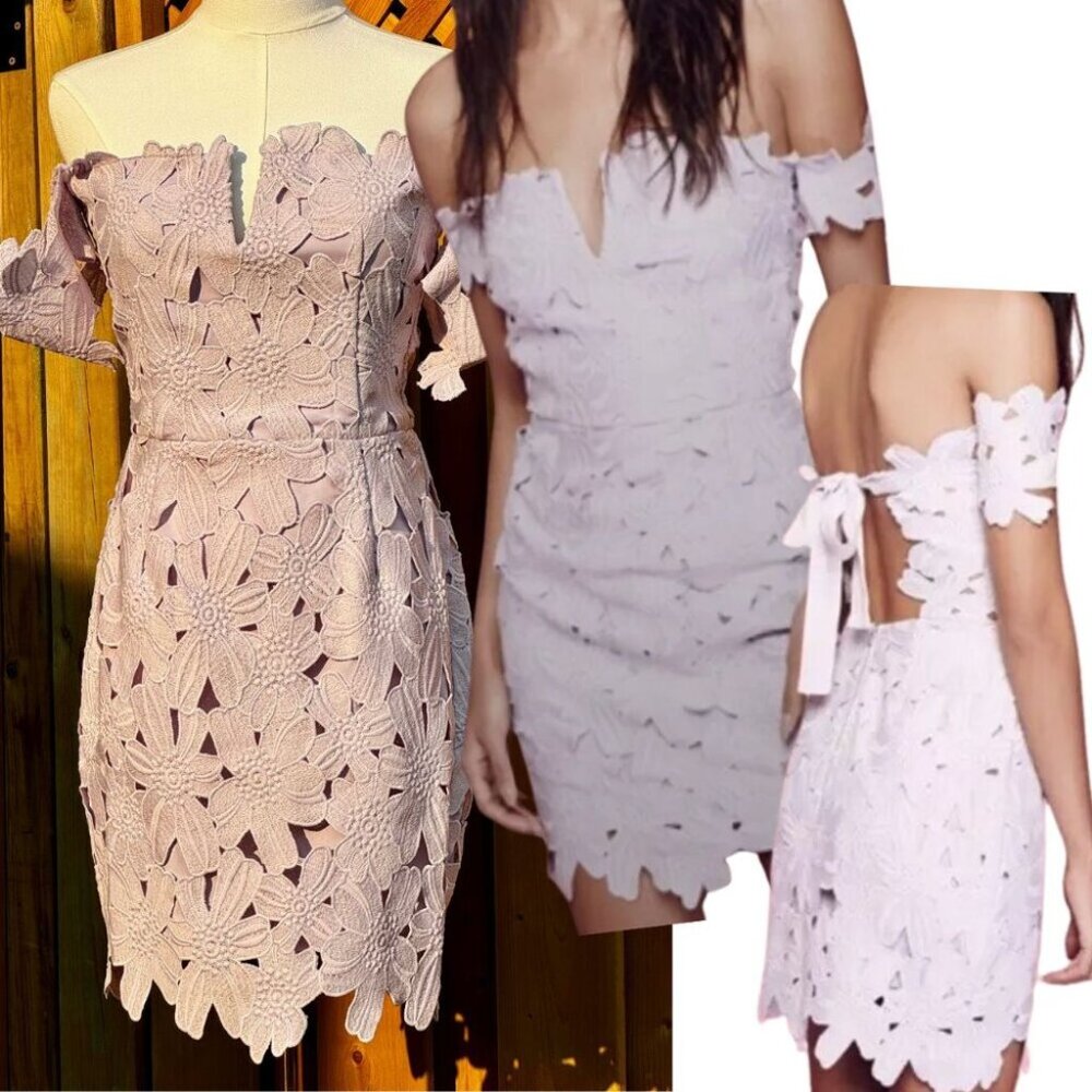 🆕 SAYLOR x FREE PEOPLE 🧿 NWOT Dahlia Lace Off Shoulder Tie Mini Dress - Sz S
